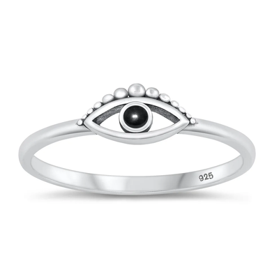 Sterling Silver Oxidized Evil Eye Black Agate Stone Ring
