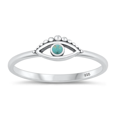 Sterling Silver Oxidized Evil Eye Genuine Turquoise Stone Ring