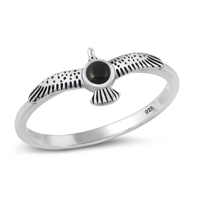 Sterling Silver Oxidized Eagle Black Agate Stone Ring