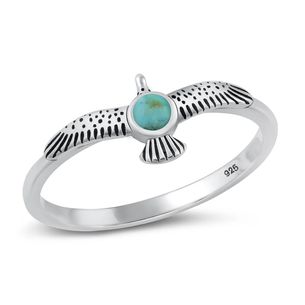 Sterling Silver Oxidized Eagle Genuine Turquoise Stone Ring