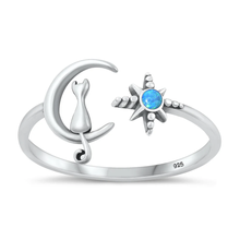 Load image into Gallery viewer, Sterling Silver Oxidized Cat On Moon And Star Blue Lab Opal Ring