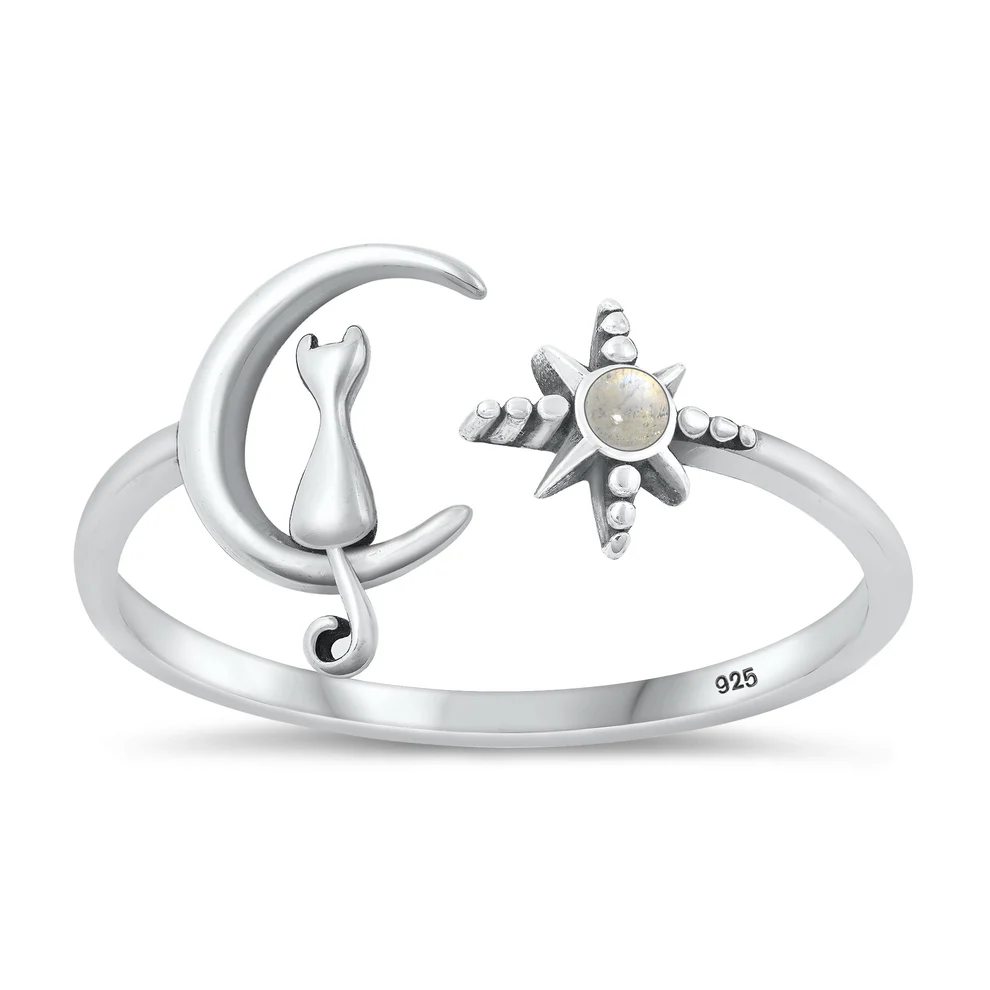 Sterling Silver Oxidized Cat On Moon And Star Moonstone Stone Ring