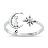 Sterling Silver Oxidized Cat On Moon And Star Moonstone Stone Ring