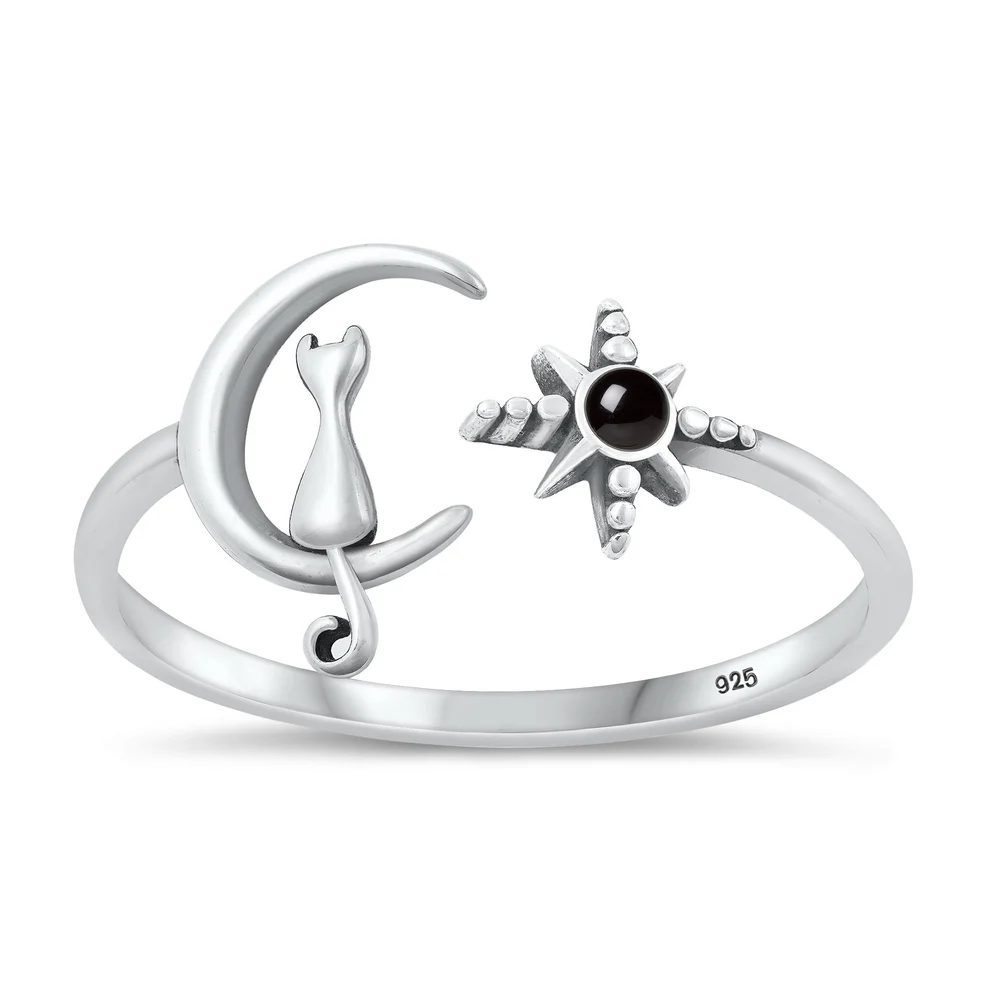 Sterling Silver Oxidized Cat On Moon And Star Black Agate Stone Ring