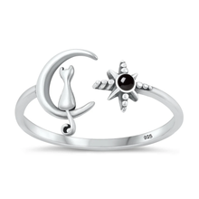 Load image into Gallery viewer, Sterling Silver Oxidized Cat On Moon And Star Black Agate Stone Ring
