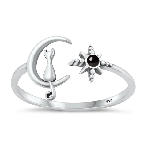 Sterling Silver Oxidized Cat On Moon And Star Black Agate Stone Ring