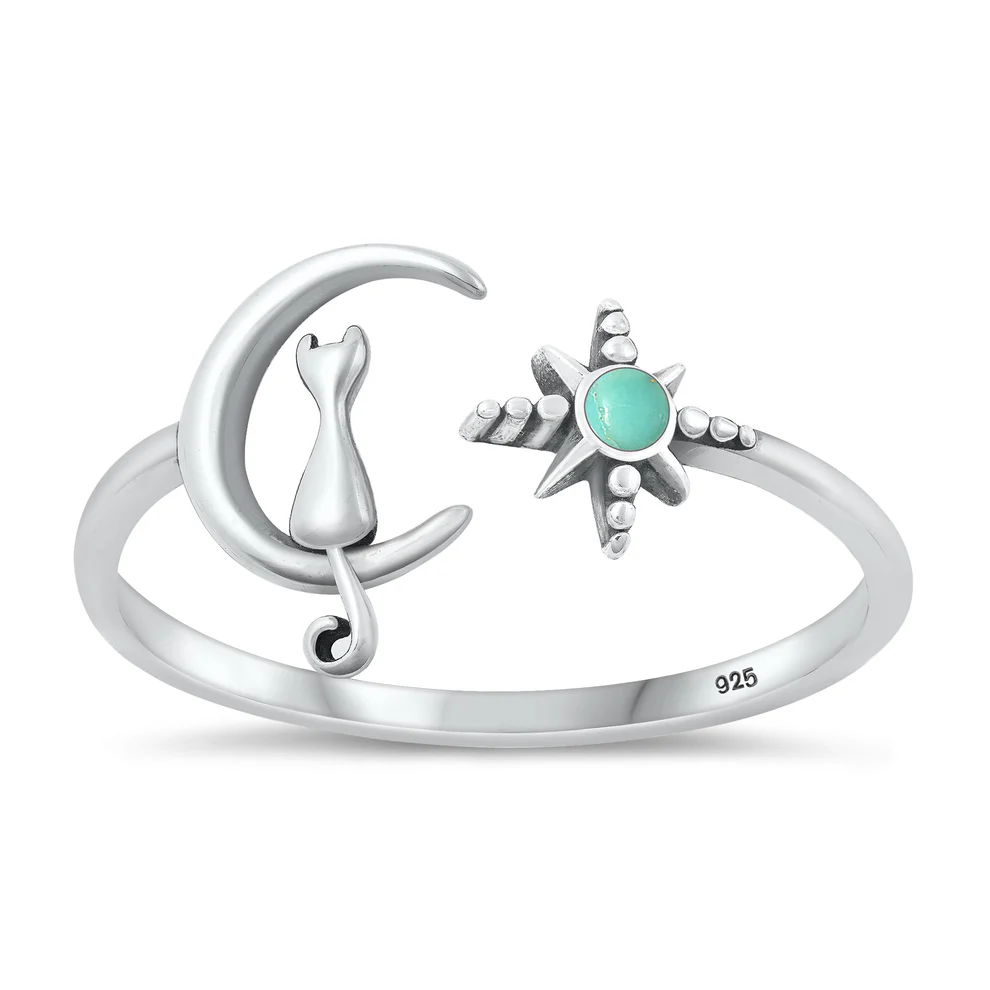 Sterling Silver Oxidized Cat On Moon And Star Genuine Turquoise Stone Ring