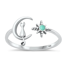 Load image into Gallery viewer, Sterling Silver Oxidized Cat On Moon And Star Genuine Turquoise Stone Ring