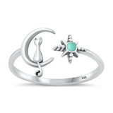 Sterling Silver Oxidized Cat On Moon And Star Genuine Turquoise Stone Ring