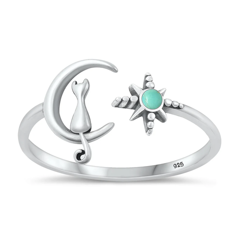 Sterling Silver Oxidized Cat On Moon And Star Genuine Turquoise Stone Ring
