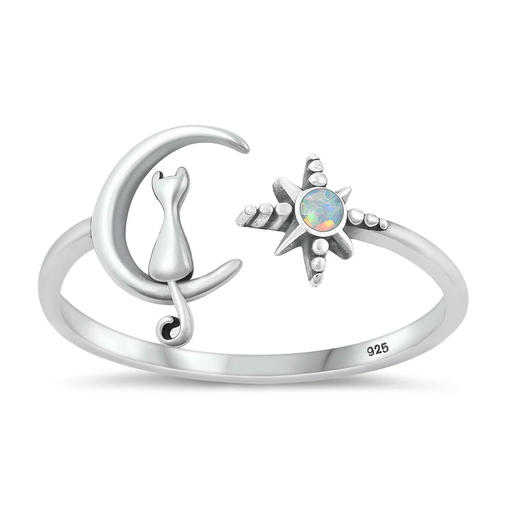 Sterling Silver Oxidized Cat On Moon And Star White Lab Opal Ring