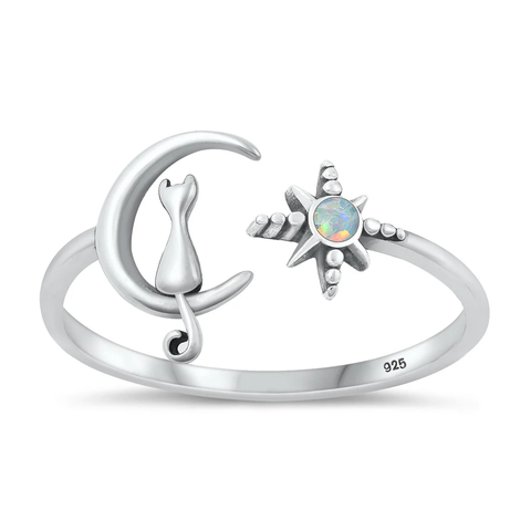 Sterling Silver Oxidized Cat On Moon And Star White Lab Opal Ring