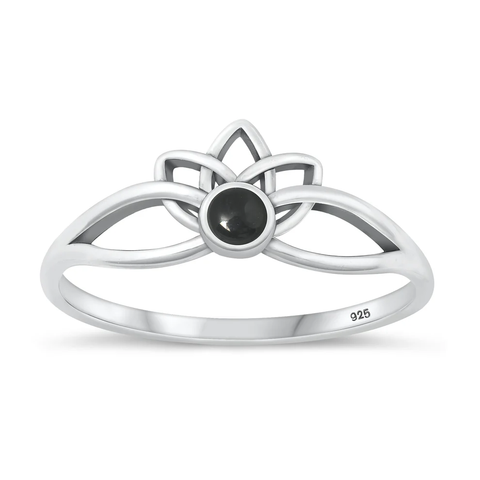 Sterling Silver Oxidized Lotus Black Agate Stone Ring