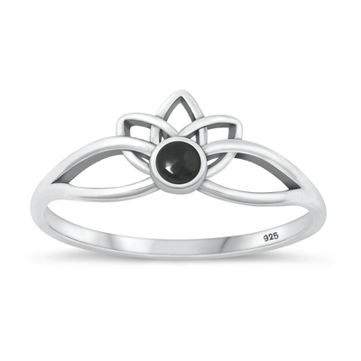 Sterling Silver Oxidized Lotus Black Agate Stone Ring