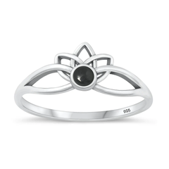 Sterling Silver Oxidized Lotus Black Agate Stone Ring