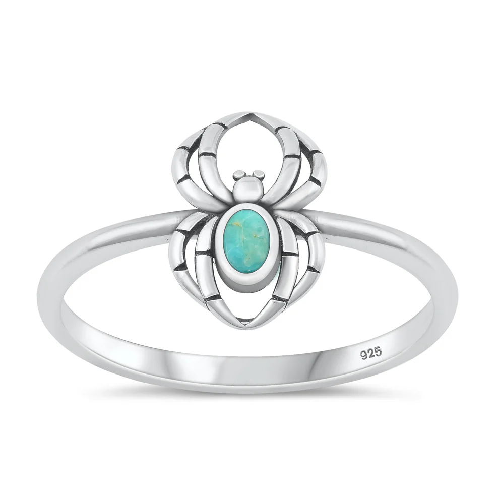 Sterling Silver Oxidized Spider Genuine Turquoise Stone Ring