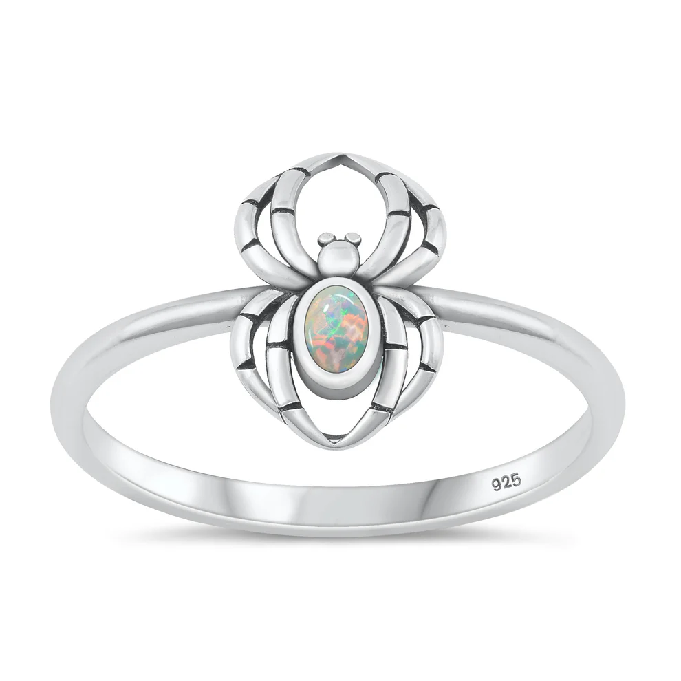 Sterling Silver Oxidized Spider White Lab Opal Ring