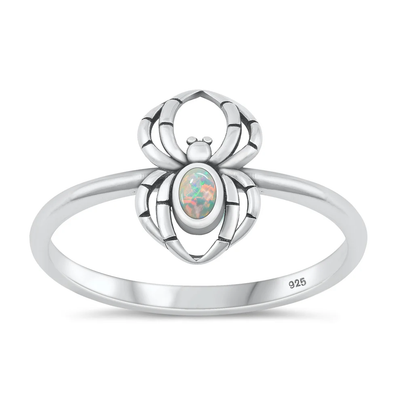 Sterling Silver Oxidized Spider White Lab Opal Ring
