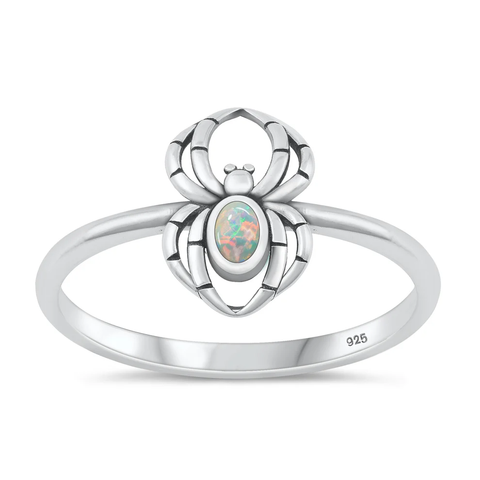 Sterling Silver Oxidized Spider White Lab Opal Ring