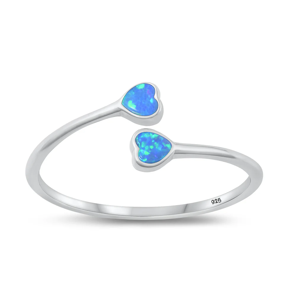 Sterling Silver Rhodium Plated Hearts Blue Lab Opal Ring