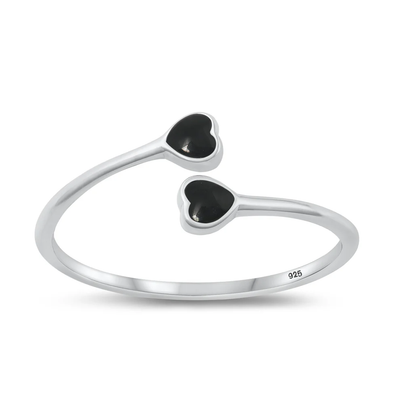 Sterling Silver Rhdoium Plated Double Hearts Black Agate Stone Ring
