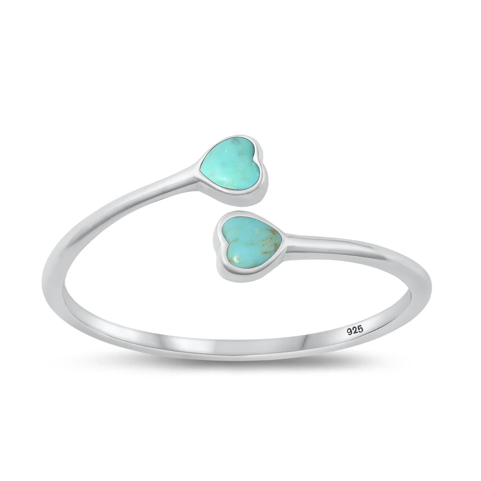 Sterling Silver Rhodium Plated Hearts Genuine Turquoise Stone Ring