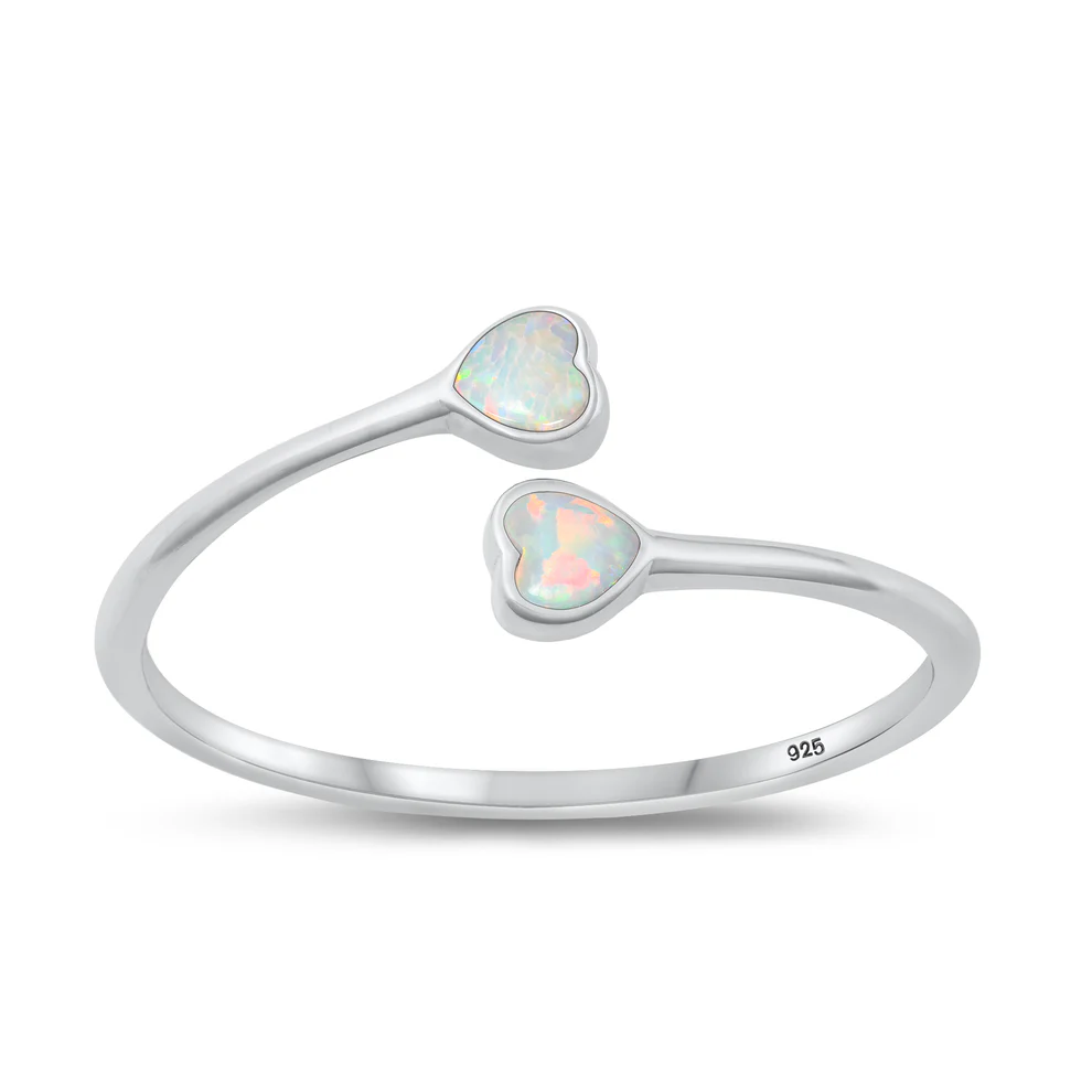 Sterling Silver Rhodium Plated Hearts White Lab Opal Ring