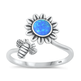 Sterling Silver Oxidized Flower And Bee Blue Lab Opal Ring