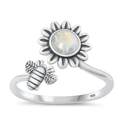 Sterling Silver Oxidized Flower And Bee Moonstone Stone Ring