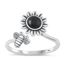 Load image into Gallery viewer, Sterling Silver Oxidized Flower And Bee Black Agate Stone Ring