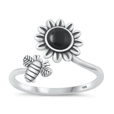 Sterling Silver Oxidized Flower And Bee Black Agate Stone Ring