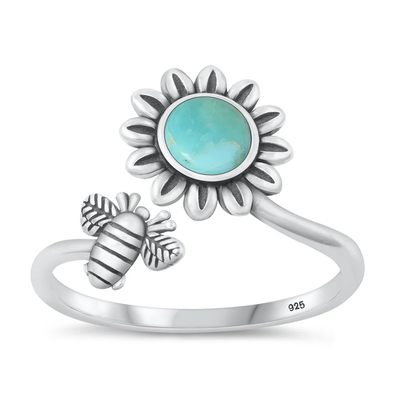 Sterling Silver Oxidized Flower And Bee Genuine Turquoise Stone Ring