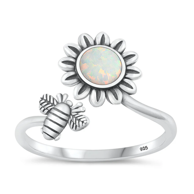 Sterling Silver Oxidized Flower And Bee White Lab Opal Ring