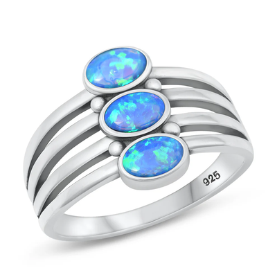 Sterling Silver Oxidized Lines Blue Lab Opal Ring
