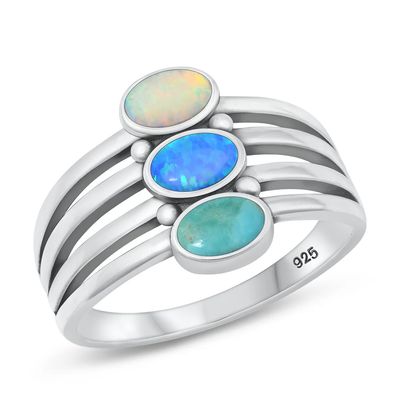 Sterling Silver Oxidized White Lab Opal, Blue Lab Opal And Turquoise Ring