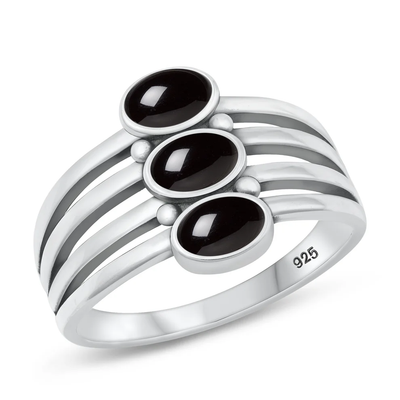 Sterling Silver Oxidized Lines With Ovals Black Agate Stone Ring