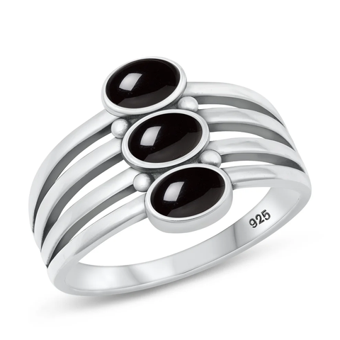 Sterling Silver Oxidized Lines With Ovals Black Agate Stone Ring
