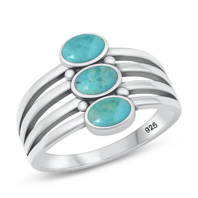 Sterling Silver Oxidized Lines Turquoise Stone Ring