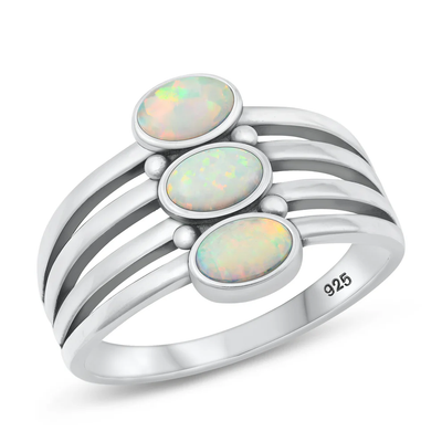 Sterling Silver Oxidized Lines White Lab Opal Ring