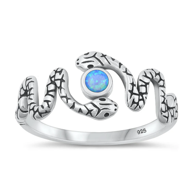Sterling Silver Oxidized Snake Blue Lab Opal Ring
