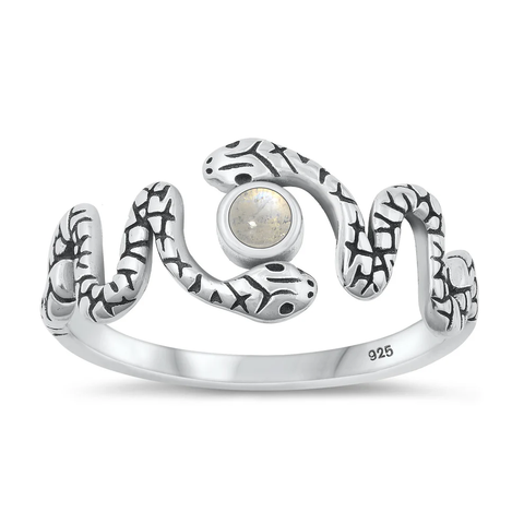 Sterling Silver Oxidized Snake Moonstone Stone Ring