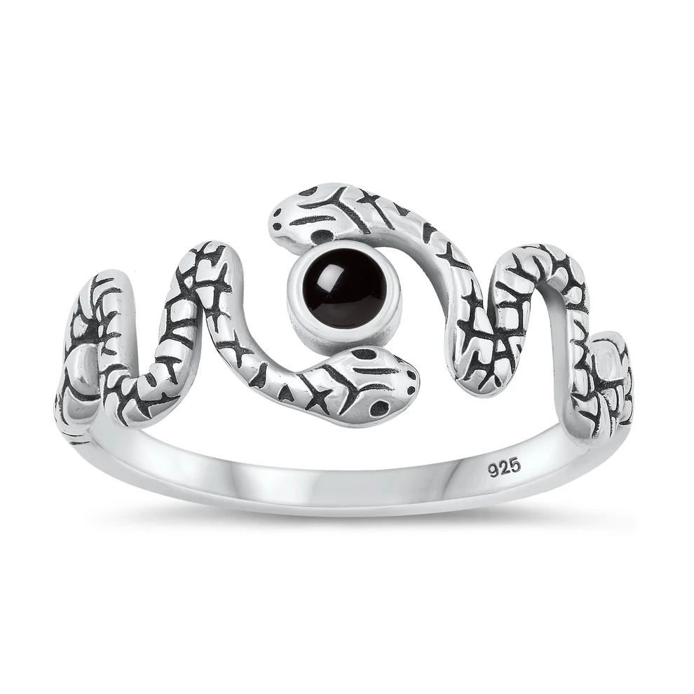 Sterling Silver Oxidized Snake Black Agate Stone Ring