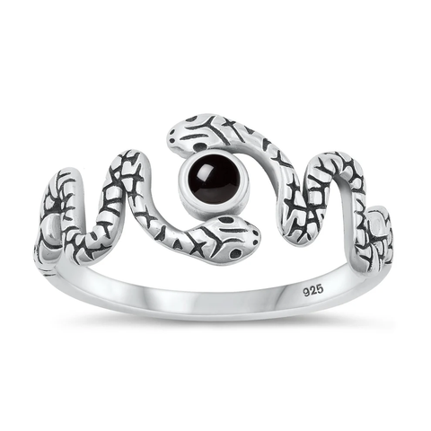 Sterling Silver Oxidized Snake Black Agate Stone Ring