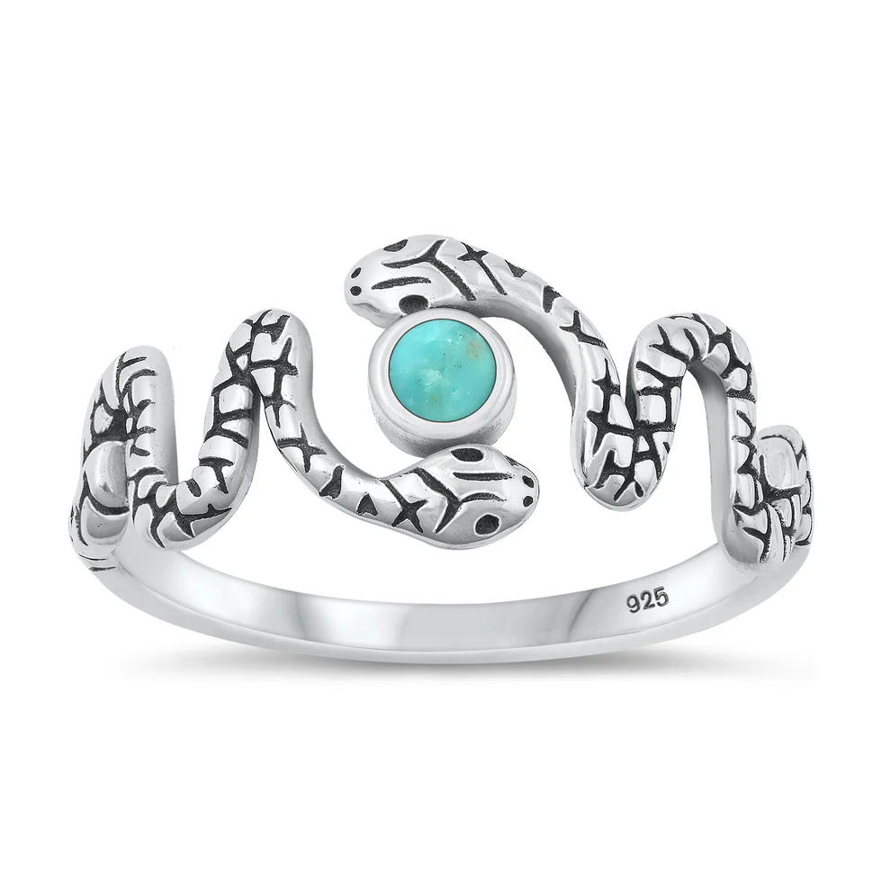 Sterling Silver Oxidized Snake Genuine Turquoise Stone Ring