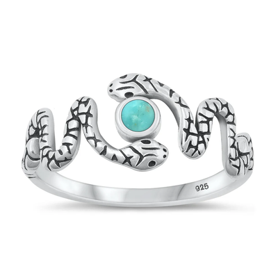 Sterling Silver Oxidized Snake Genuine Turquoise Stone Ring