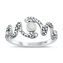 Load image into Gallery viewer, Sterling Silver Oxidized Snake White Lab Opal Ring