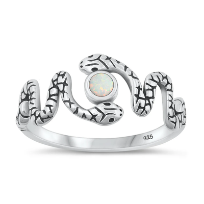 Sterling Silver Oxidized Snake White Lab Opal Ring