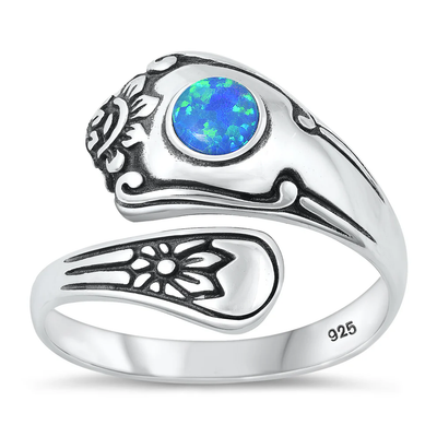 Sterling Silver Oxidized Spoon Blue Lab Opal Ring