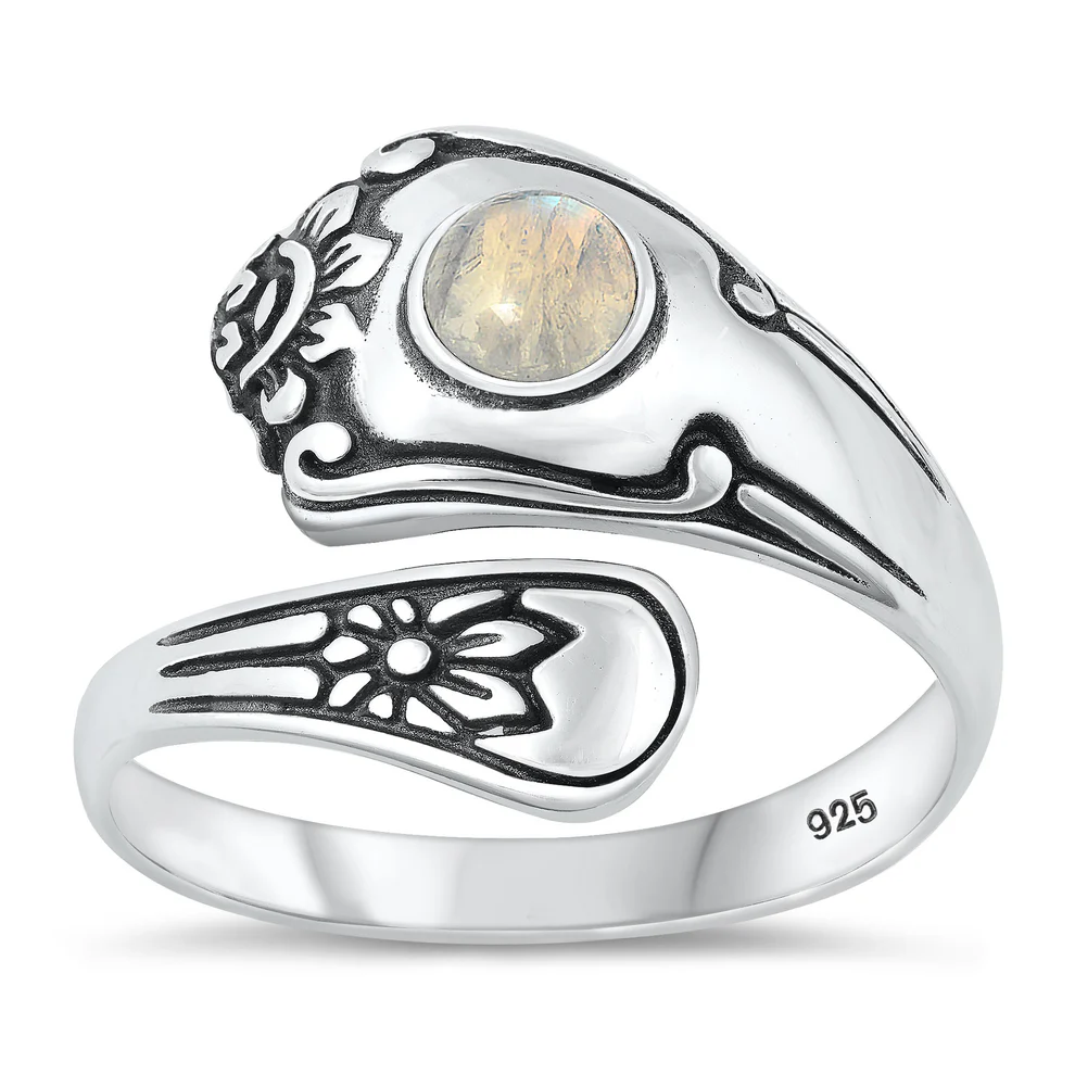 Sterling Silver Oxidized Spoon Moonstone Stone Ring