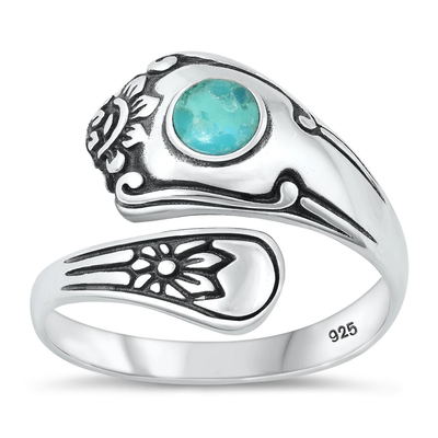 Sterling Silver Oxidized Spoon Genuine Turquoise Stone Ring